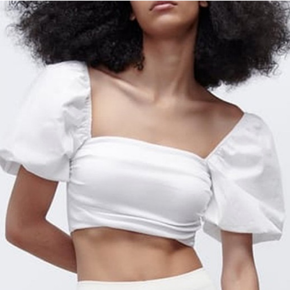 Zara White Crop Top Puff Sleeves